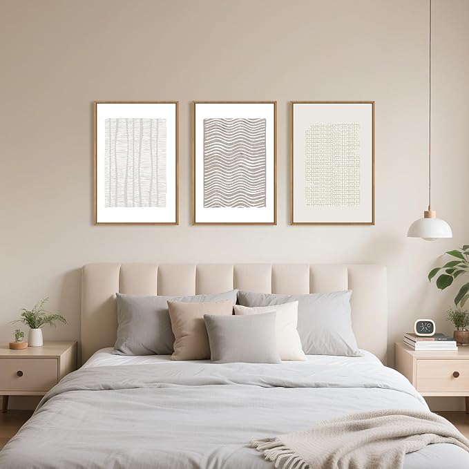 Large Abstract White and Beige Framed Canvas Wall Art,Geometric Dot and Line Wall Decor,Modern Wave Lines Artwork,Neutral Minimalist Shapes Art Print for Living Room,Bedroom,Office- 16"x24"x3