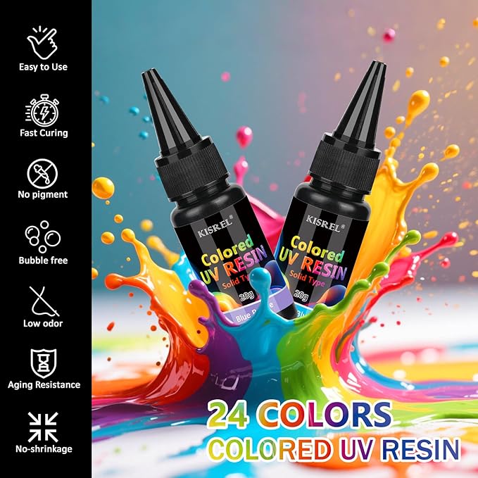 KISREL UV Resin, Upgrade 24 Opaque Colored UV Resin Kit, Solid Colored UV Resins, Rigid Ultraviolet Clear Resin for Crafts, Jewelry Making and Decoration