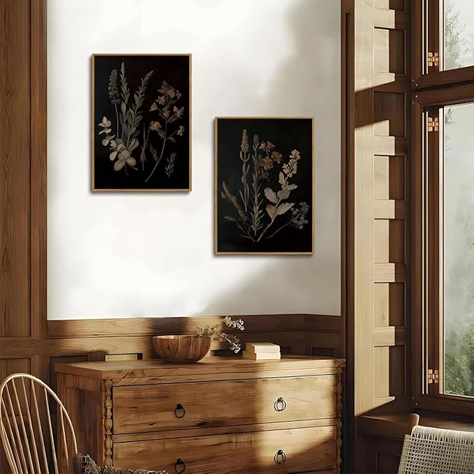YOYIAXT 2 Pieces Dark Botanical Canvas Wall Art Vintage Moody Floral Framed Wall Art Modern Rustic Gothic Dark Academia Aesthetic Flower Art Print Artwork For Bedroom Living room Office, 16x24 in