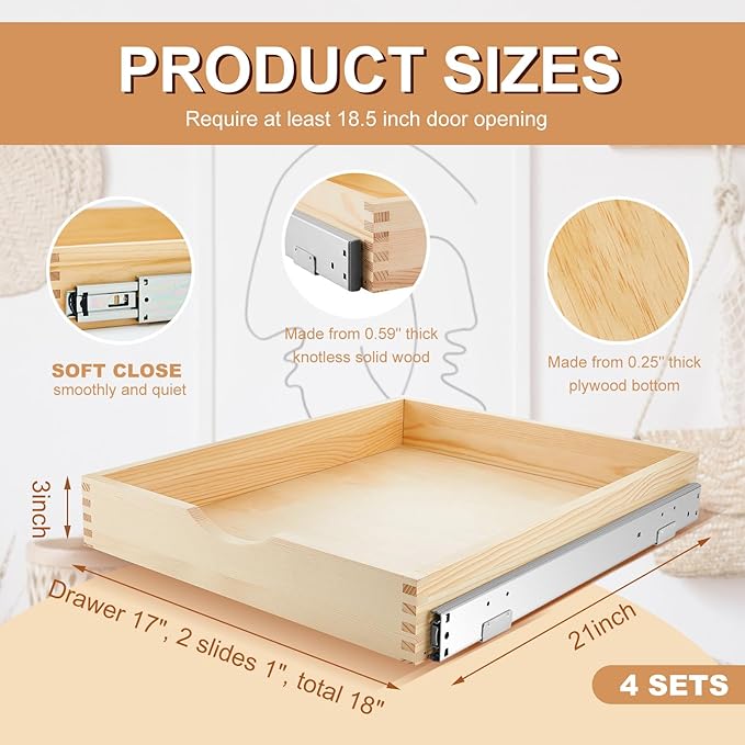 Sintuff 4 Set Wooden Pull out Tray Cabinet Organizer Soft Close Roll out Shelves for Kitchen Cabinets Fully Assembled Slide Pantry Shelves (18'' X 21'')