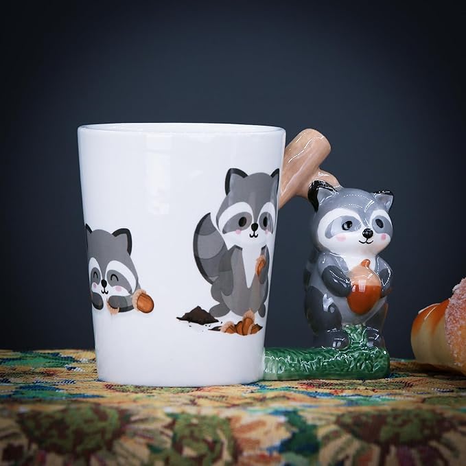 Ceramic Mug for Home & Office, Creative Porcelain 3D Animal Cup with Handle for Coffee, Tea, Juice, Milk & Water, 13.5 oz. Raccoon Mug Gift, 4.3" H