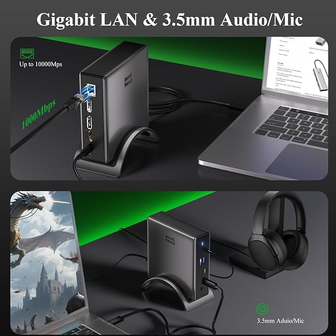 USB C Docking Station Minthouz Laptop Docking Station 3 Monitors with 4K@144Hz 2* DP +HDMI 140WPD Charger, 10Gbps USB A/C Ports, Gigabit Ethernet, Audio/Mic USB C Hub for MacBook,Dell,HP,Surface