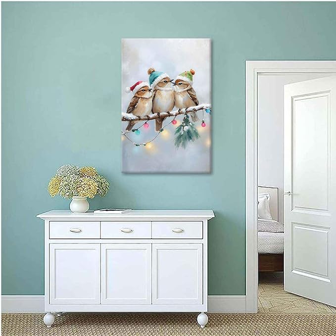 Framed Canvas Wall Art Christmas Birds Winter Art Print Wall Art Holiday Poster Trendy Christmas Decor 24x36in Wood Framed