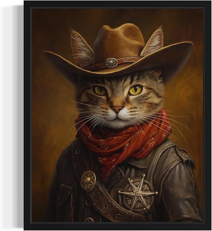 Cat Cowboy Art Poster Print, Cat Kitten Painting Humor Portrait Pet Artwork Decor Gallery A8 (Cowboy, 16 x 20 inches, Unframed)