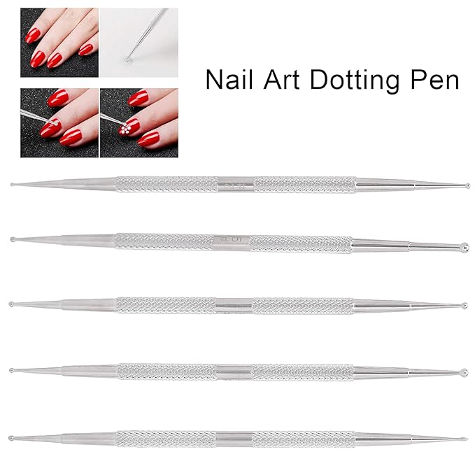5Pcs 2 Way Stainless Steel Dotting Pen Tool, Nail Salon Nail Dotting Tool, Dual Tip Dot Painting Tools for Stippling, Tracing, Transfer Stamping, Embossing and Painting