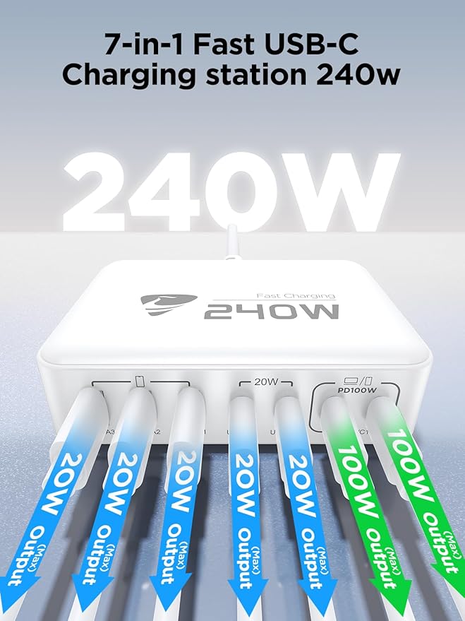 240W USB C Charging Station, 7-Port GaN USB C Charger Block, 100W Laptop USBC Fast Charger Compact 100W Laptop Charger Hub Wall Charger Adapter for MacBook Pro/Air,iPhone 16/15/14/13,Samsung S24