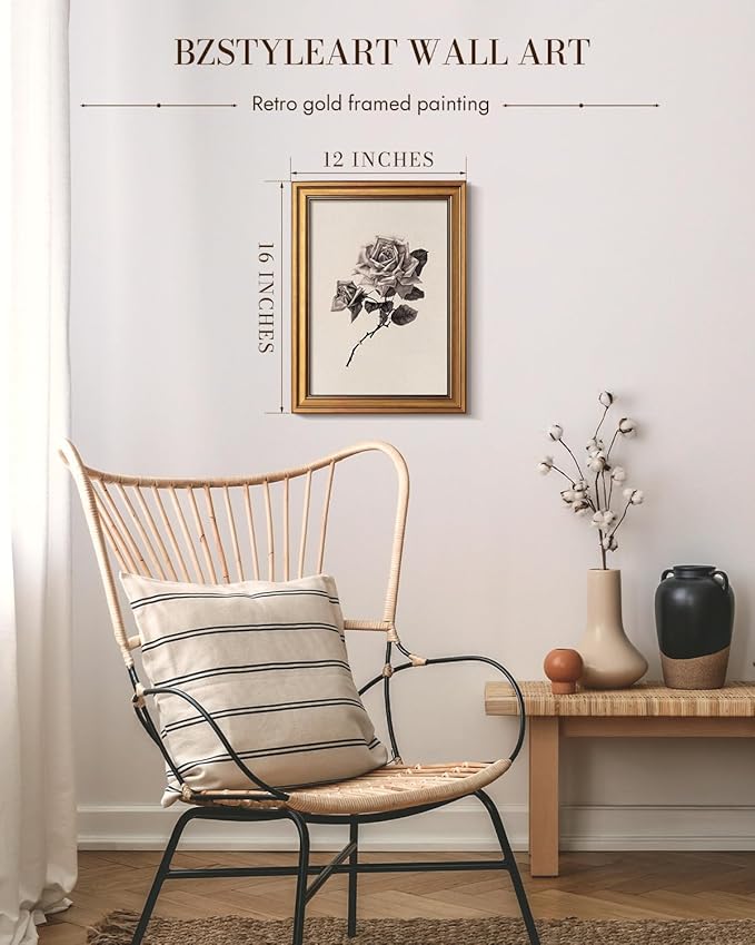 Bzstyleart Vintage Wall Art Decor for Living Room,Rose Flower Canvas Prints,Gold Framed Vintage Wall Decor,Sketch Painting Picture,Home Decor Aesthetic for Shelf Kitchen Bathroom,12L x 16W