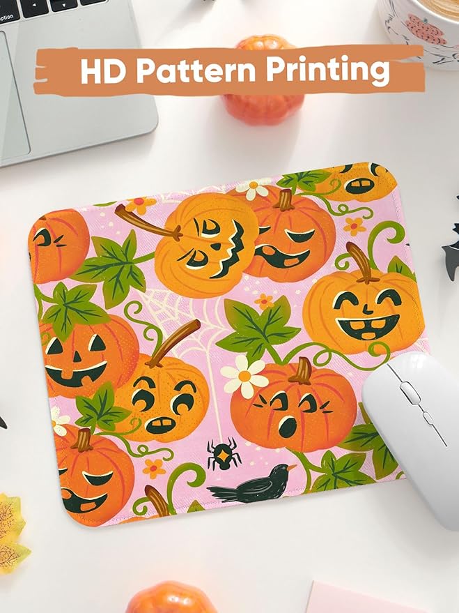 Seorsok Halloween Funny Pumpkin Mouse Mat,Greenery Decor Mouse Pads for Office Laptop,Washable Square Cute Mousepads with Extended Stitched Edges Non Slip Rubber Base 9.5"x7.8"x0.12" Inch,Pink