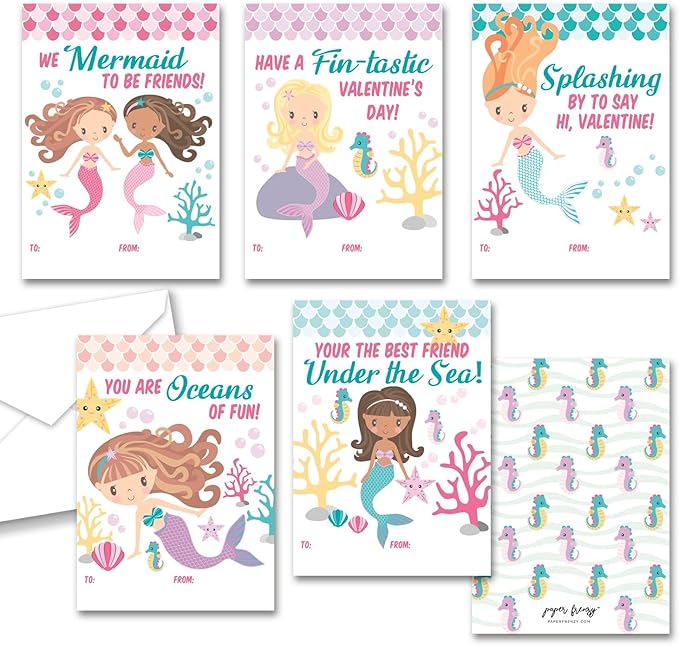 Paper Frenzy Mermaid Themed Valentine Cards WITH ENVELOPES - 25 Pack