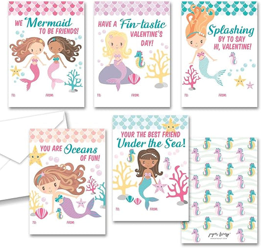 Paper Frenzy Mermaid Themed Valentine Cards WITH ENVELOPES - 25 Pack