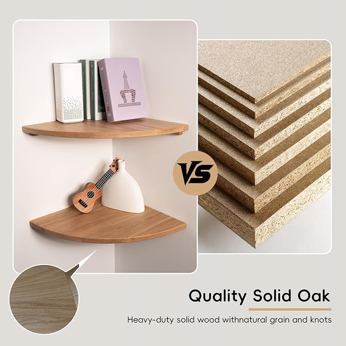 Floating Corner Shelves Oak 12", Solid Oak Wall Mounted Wooden Display Storage Rack with Wire Hole for Plants, Photos, Speakers, Bedroom, Kitchen, Living Room Décor - 1-Pack