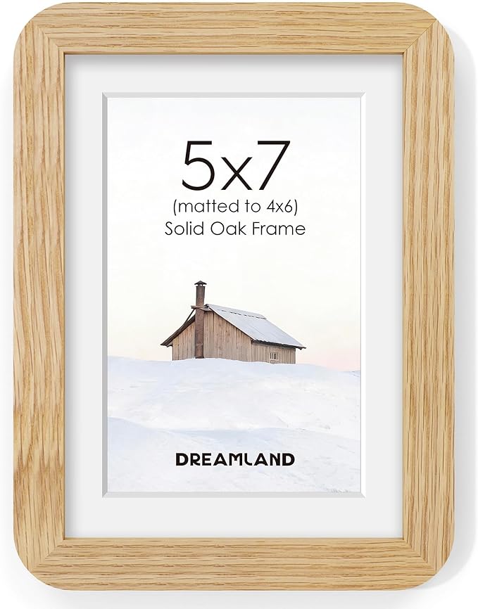 Dreamland 5x7 Picture Frame, Solid Oak Wood Photo Frame with Mat for 4x6, Round Corner 5 x 7 Matted Picture Frames with Resistant Plexiglass for Wall Mounting or Tabletop, Oak Color, Set of 1