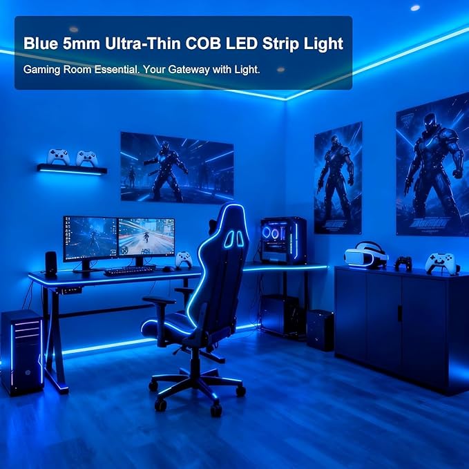 5mm Ultra Thin COB LED Strip 24V 16.4FT Blue Color RA>90 High CRI LED Tape Light Cuttable Flexible Super Bright IP30 Strip Light for Indoor House Room Car Christmas Decor (No Power Supply)