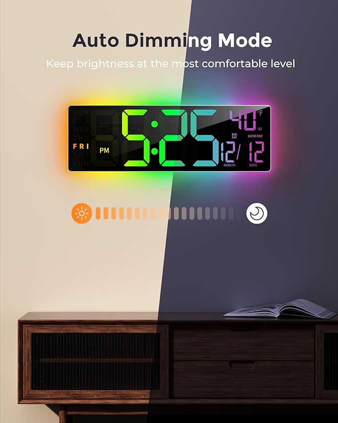 16.5" Large Digital Wall Clock with BT Sync, RGB Lights with 11 Scenes Mode Remote Control, Big LED Clock with Dual Alarms, Auto DST, Temperature for Classroom Gaming