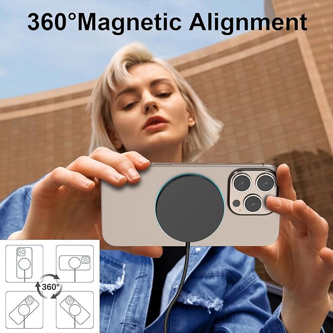 for MagSafe Charger with LED, 15W Magnetic Wireless Charging Pad for iPhone 17 16 15 14 13 12 Air Pro Max Plus mini/AirPods 2 3 Pro, Slim Portable Strong Magnet Quick Charger, Dual USB-C/A Ports-Black