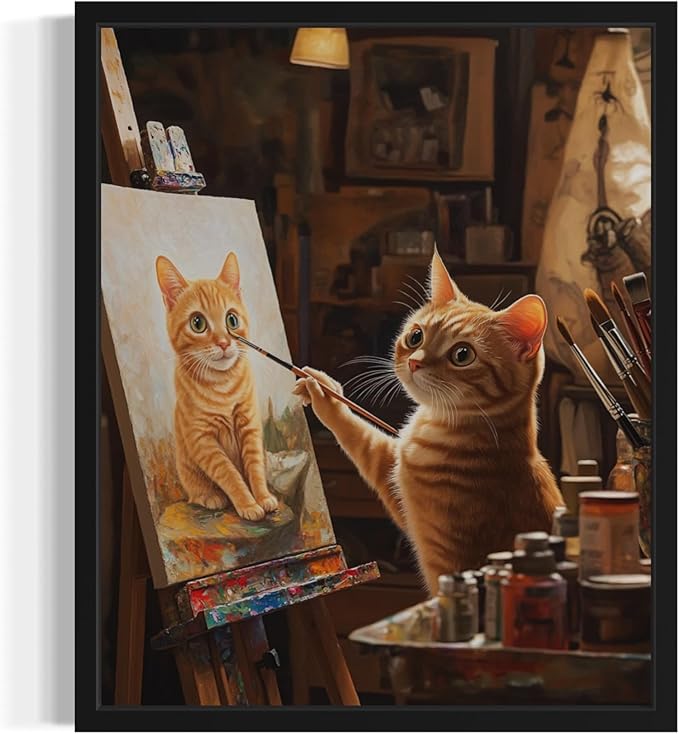 Cat Artist Art Poster Print, Cat Kitten Painting Humor Portrait Pet Artwork Decor Gallery A8 (Artist, 16 x 20 inches, Black Frame)