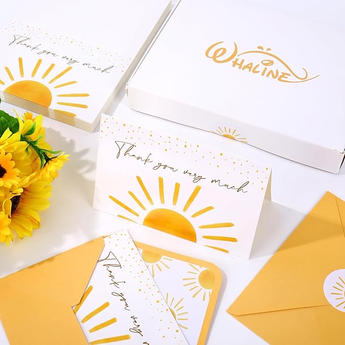 Whaline 50 Packs Baby Shower Thank You Cards Greeting Card Boho Sun Sunshine Blank Note Cards with Envelopes and Stickers Boxed for Birthday Holiday Baby Shower, 4 x 6 Inch