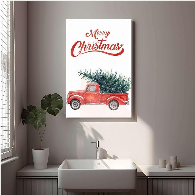 Canvas Wall Art Christmas Truck Print Red Vintage Pickup Truck Christmas Tree Home Decor Holiday Wall Art Watercolor Painting 20x30in-UnFramed