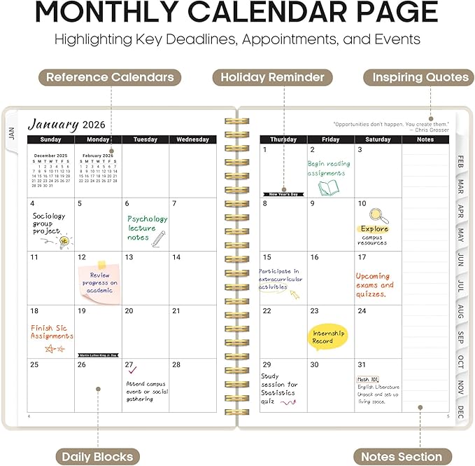 2026 Planner, Weekly and Monthly Calendar Planner for Women, Jan 2026 - Dec 2026, Hardcover Planning Agenda book with Tabs, Spiral Bound, Inner Pocket, Perfect for School Office Supplies, 8.5" x 11" - Gray