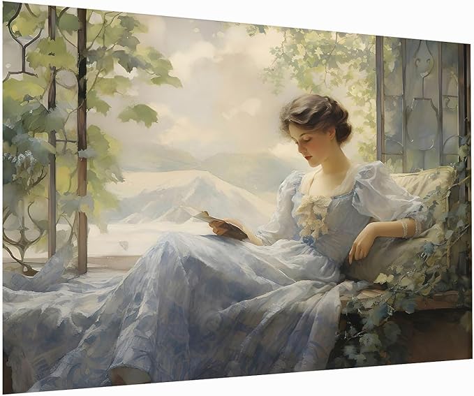 Antique Lady Reading Painting, Woman Reading Print, Woman In A Blue Dress,Antique Woman Portrait, Victorian Woman Wall Art, Girls Living Room, Bedroom, Apartment, Home Decor24x36Unframed