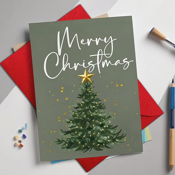 (5.3x8in) Merry Christmas Card with Envelope, Elegant Minimalist Holiday Tree Design with Golden Star, Simple Classic Christmas Greeting Card for Family, Friends, and Coworkers (Xmas 26)