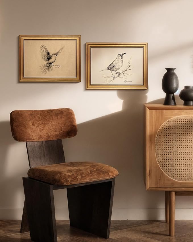 Bzstyleart Vintage Wall Art Decor for Living Room,California State Bird Vintage Gold Framed Wall Art,Sketch Painting Picture,Room Decor Aesthetic,Canvas Prints for Apartment Decor Office,12L x 16W
