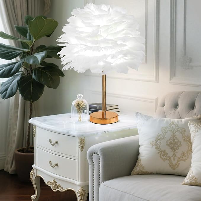 ZYLEIESENBAO Chic White Feather Lamp Creative Feather Bedside Lamp Cute Furry Nightstand Light Gold Stand Fluffy Table Lamp Atmosphere for Girl Bedroom Living Room Entry Hotel Wedding Gift