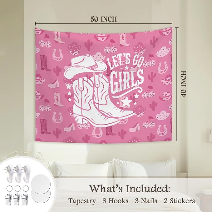 STHTTSW Pink Cowgirl Tapestry, Pink Coastal Let' s Go Girls Tapestries Wall Blanket, Preppy Girly Wall Hanging Decor for Teen Girl Women College Dorm Apartment Bedroom, 50x60 Inch