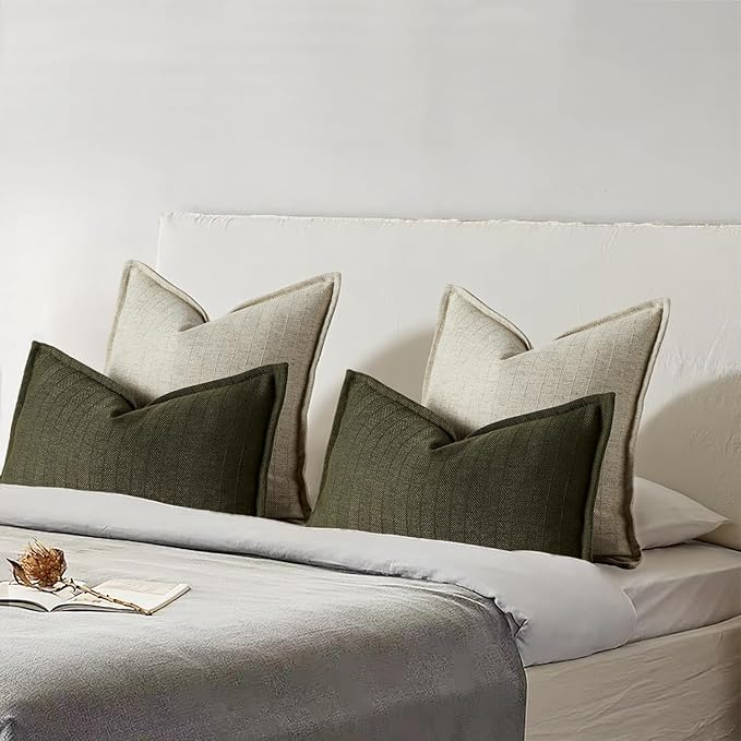 18x18 Linen Pillow Covers Natural Beige Pack of 2 Farmhouse Boho Neutral Accents Striped Textured Square Decorative Throw Pillow Cases for Living Room Couch Bed Home Decor