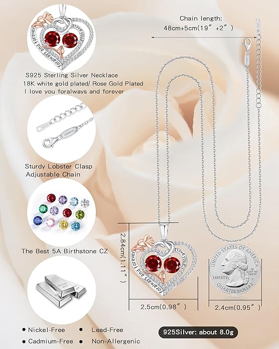 Women's Birthstone Necklace, Holiday Gift for Girlfriend, 925 Sterling Silver Heart Rose Necklace, Anniversary Birthday Gift for Wife, Daughter