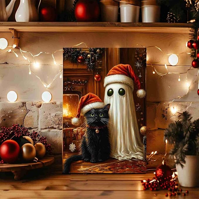 Christmas Pet Canvas Print Ghost and Cat Painting Christmas Cat and Ghost Whimsical Holiday Decor Rural Art print Indoor Decor for Home Living Room Bedroom Pet Lover Bedroom Framed Ready to Hang