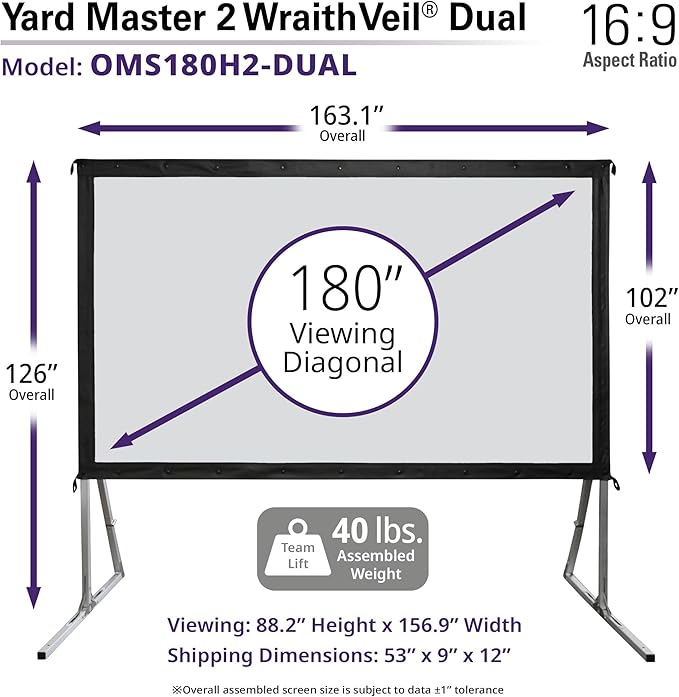 Elite Screens Yard Master 2 WraithVeil Projector Screen 180-INCH 16:9 Front and Rear 4K/8K Ultra HD Active 3D HDR Movie Screen, OMS180H2-DUAL