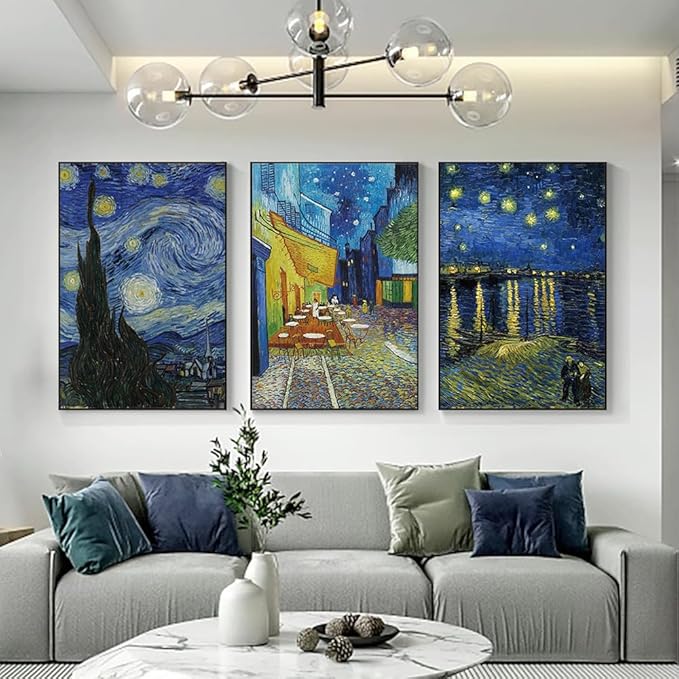 ARTFEB 3 Piece Canvas Wall Art,Classic Van Gogh Artwork Painting Reproduction,Starry Night Over The Rhone Cafe Terrace At Night Giclee Canvas Prints Wall Art for Home Office Decor(Blue, 16" X 24" X 3