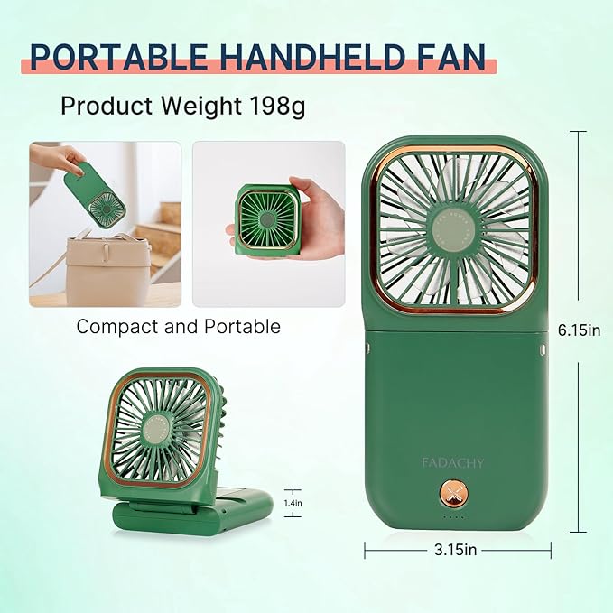 FADACHY Mini Fan,USB Portable Charger Handheld Fan, Small Personal Fan with 3 Speeds Neck Fan 3000mAh Power Bank