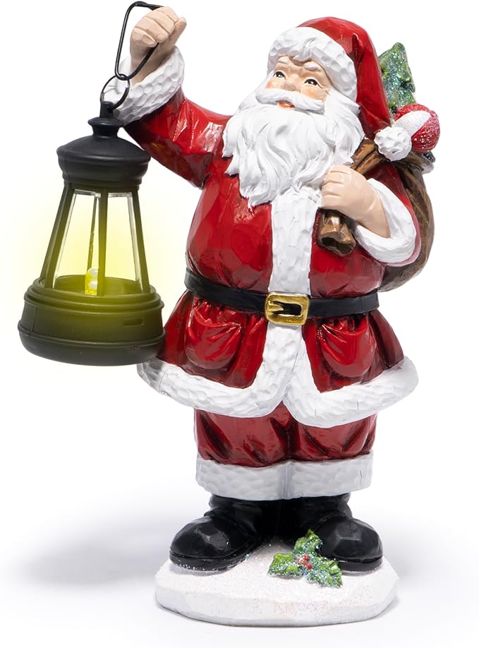 Hodao Christmas Santa Figurine with Lantern, Hand-Painted Resin Santa Claus Statue Holding Gift Bag, Holiday Tabletop Decoration for Home, Mantel, Shelf, Décor Accent