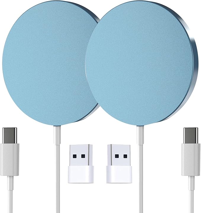 for MagSafe Charger 2 Pack 15W Magnetic Wireless Charger Fast Charging Pad for iPhone 17 16 15 14 13 12 Air Pro Max Plus Mini/AirPods 2 3 Pro, Slim Portable Magnet Quick Charger, USB-C/A Ports-Blue