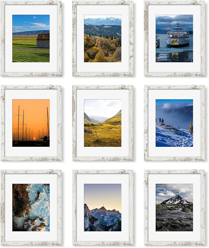 11x14 Picture Frame Set of 9, Photo Gallery Wall Frame Set Display Pictures 8x10 with Mat or 11 x 14 Without Mat, Multi Photo Frames for Wall Mounting or Table Top Display, Distressed White