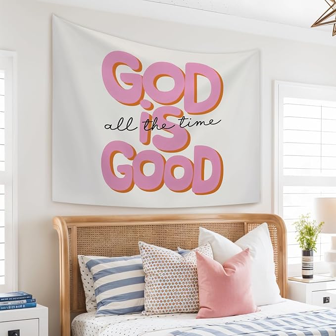 STHTTSW God Is Good All the Time Tapestry, Pink Christian Tapestries Wall Blanket, Retro Bible Wall Hanging Decor for Teen Girl Women Bedroom Home Church Prayer Room, 50x60 Inch