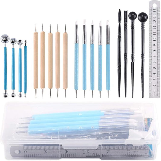 19 Pcs Polymer Modeling Clay Sculpting Tools with Dotting Pen, Silicone Tips, Ball Stylus, Sculpture Needle,Pottery Ceramic Clay Indentation Tools Set for Art Crafts Soap Making