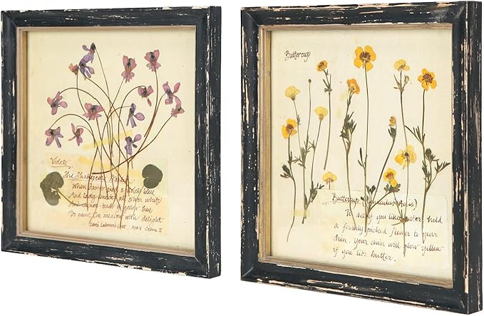 NIKKY HOME Botanical Wall Art Set of 2, Vintage Botanical Prints Wooden Framed Floral Plant Pictures Poster Decor for Bathroom Bedroom Living Room Office, 10x10 Inch