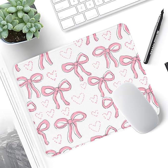 Seorsok Square Aesthetic Ribbon Bows& Love Mouse Mat,Premium Textured Mouse Pads for Office Laptop,Washable Square Mousepads with Extended Stitched Edges Non Slip Rubber Base,White