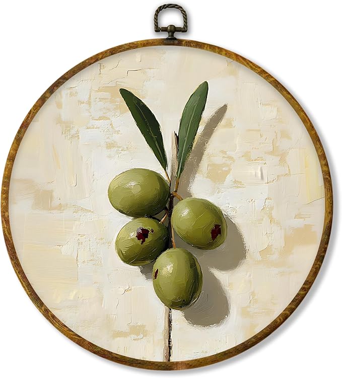 Hiuwevt Olive Still Life Kitchen Round Wall Art Decor, Retro Olive Tree Botanical Framed Canvas Prints, Cocktail Olives Bar Round Wall Hanging Decor for Bedroom Home Decorations, 10x10 Inches