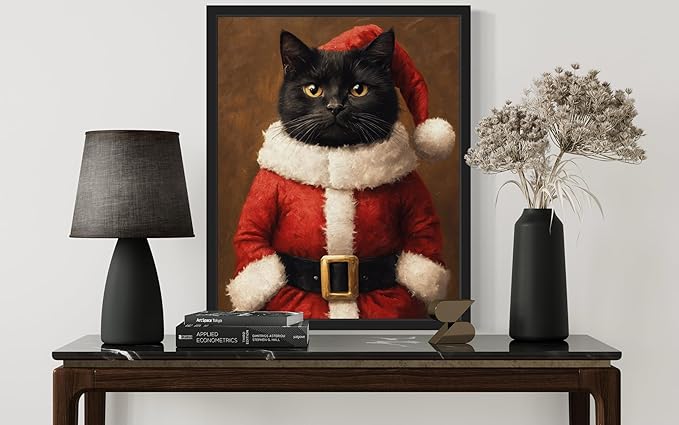 Santa Claus Cat Art Poster Print, Cat Kitten Painting Humor Portrait Pet Artwork Decor Gallery A8 (11 x 14 inches, Black Frame)