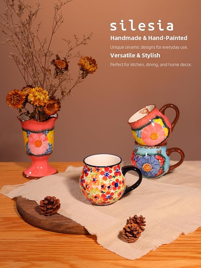 silesia Handmade Coffee Mug with Handle, 12 Ounce Ceramic Hand-Painted Flower Mugs for Home and Kitchen in Gift Box, Oven, Dishwasher & Microwave Safe (Jungle Floral)