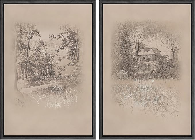 SIGNWIN Framed Canvas Print Wall Art Set Countryside Home and Trees Sepia Landscape Drawings Illustrations Modern Art Scenic Colorful for Living Room, Bedroom, Office - 16"x24"x2 Black