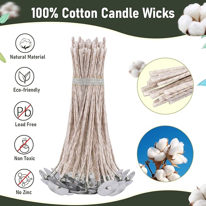 200pcs Natural Candle Wick kit,100pcs Wick Stickers with 5pcs Wick Holders and 2pcs Wick Placing Tube，for Soy Wax, Beeswax, Coconut Wax - DIY Candle Making Supplies for Beginners & Professionals