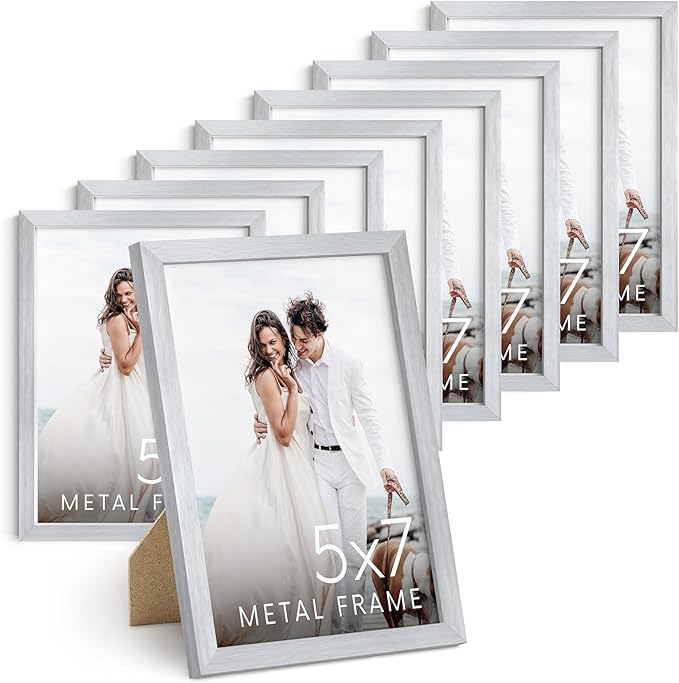 HAUS AND HUES 5x7 Silver Metal Picture Frames - Bulk Aluminum Photo Frames with Vertical Hanging & Tabletop Stand (5x7 in, Silver, Set of 9)