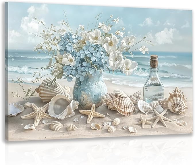 LLEEMPI Framed Coastal Beach Wall Art, Seashell Starfish Ocean Wall Decor, Shell Floral Sea Canvas Print, Blue Sky White Cloud Landscape Poster Print for Bathroom Bedroom Office 16x24 Inch