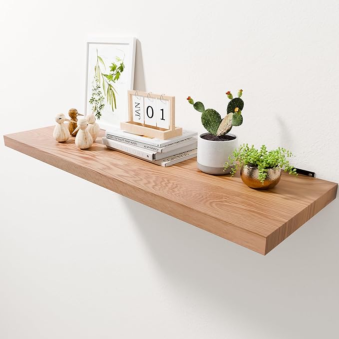 36 Inch Solid Oak Floating Shelves - Natural Wood 12 Inch Deep Wall Shelf, Rustic Display Shelf, Hanging Wall Shelf Decoration for Bedroom, Bathroom, Living Room