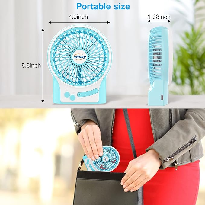 efluky 3 Speeds Mini Desk Fan, Rechargeable Battery Operated with LED Light